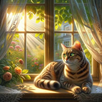 The primary subject of the image is a cat sitting on a window sill. The setting is a window with a view of flowers outside. The visual style is a digital art or illustration, creating a warm and inviting atmosphere. The colors are predominantly warm and natural, with the cat being predominantly brown and white.